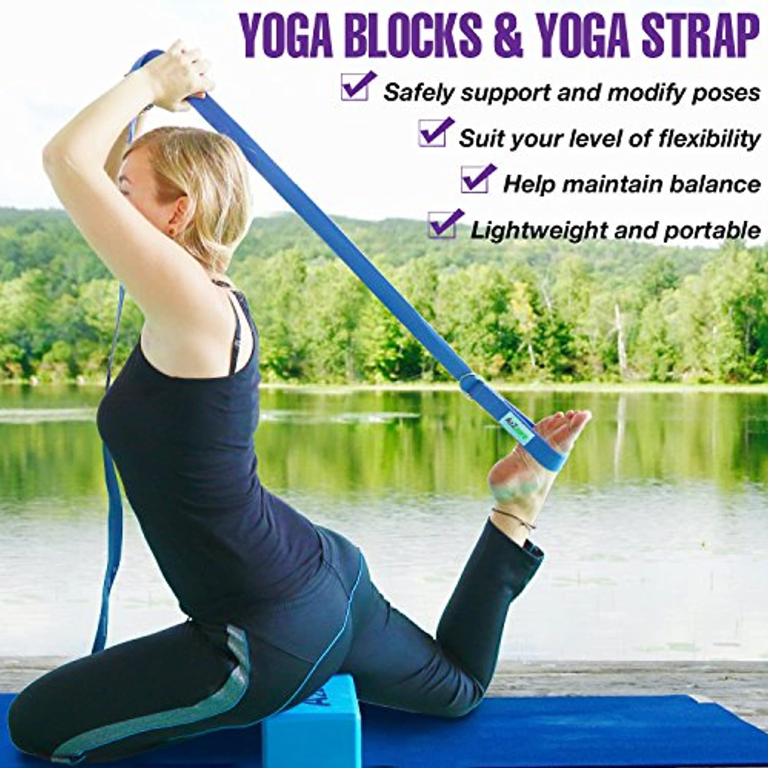 A2ZCARE Bloques de yoga (juego de 2) y correa de yoga con anillo en D, bloque de espuma de yoga de 8.7 x 5.9 x 3.9 in y correa de estiramiento de yoga