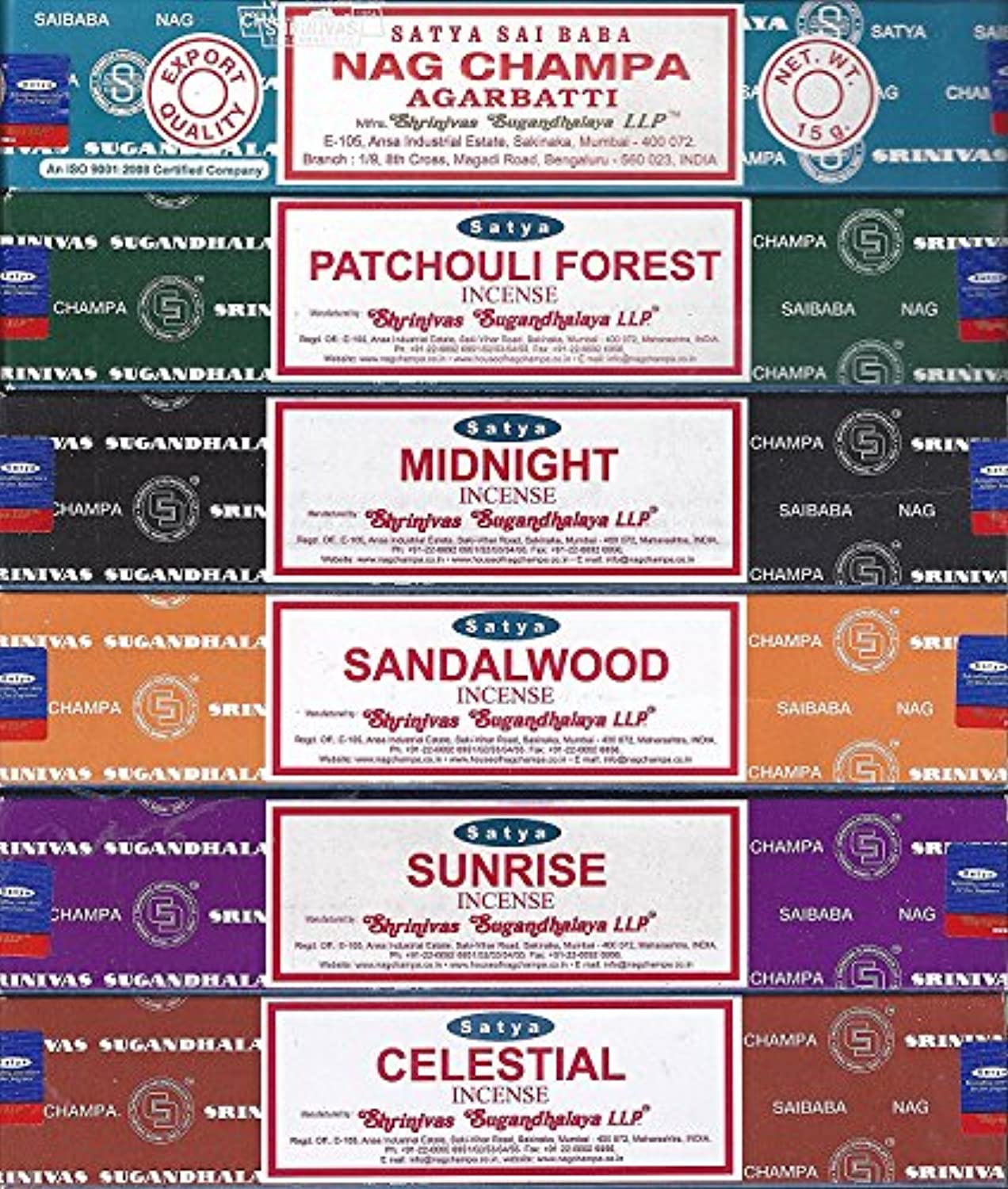 Juego de 6 paquetes de inciensos Satya: nag champa, amanecer, madera de sándalo, medianoche, pachulí y celestial; de 0.52 onzas.