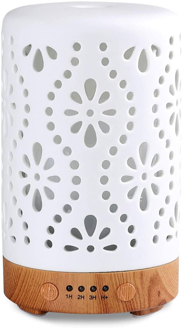 Difusor de aceite esencial de MEDELIKE, difusor de cerámica blanco de 3.4 fl oz, difusor de aromaterapia con 4 temporizadores, humidificador de niebla de cerámica fría con protección de apagado automático sin agua (chispa)