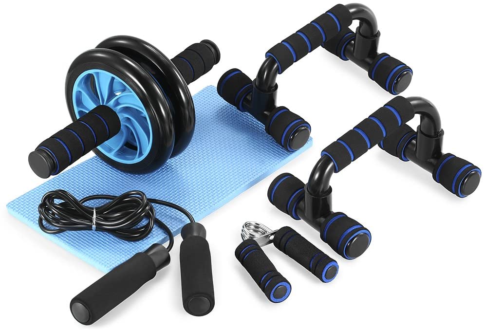 TOMSHOO - Kit 5 en 1 de rueda para abdominales con barra para flexiones, cuerda de saltar, pinzas para mano y almohadilla para rodillas, para gimnasio y entrenamiento en casa