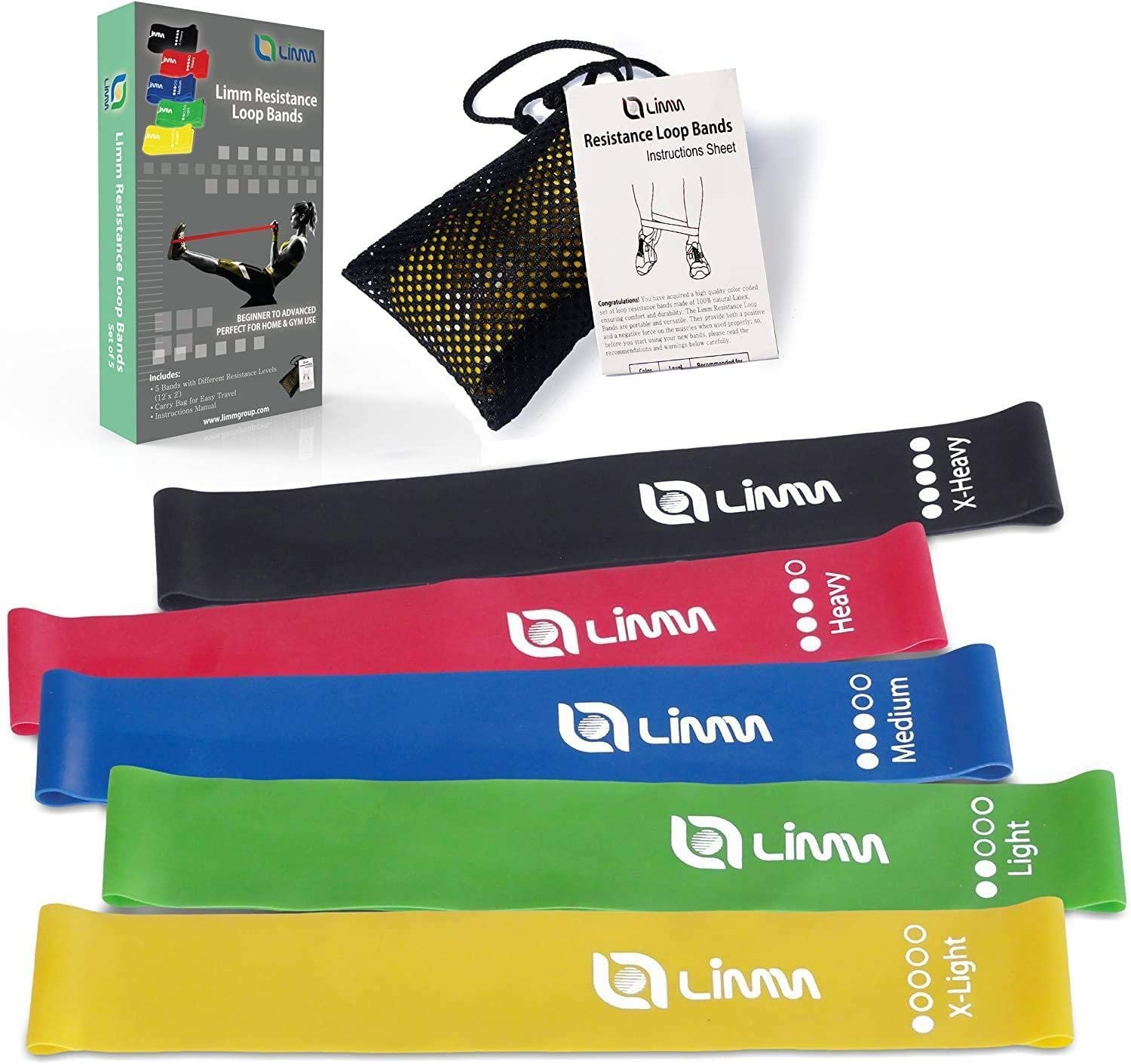 Bandas de ejercicio de resistencia al limm, juego de 5 bandas para entrenar con guía de instrucciones y bolsa de transporte, bandas para piernas y culos.
