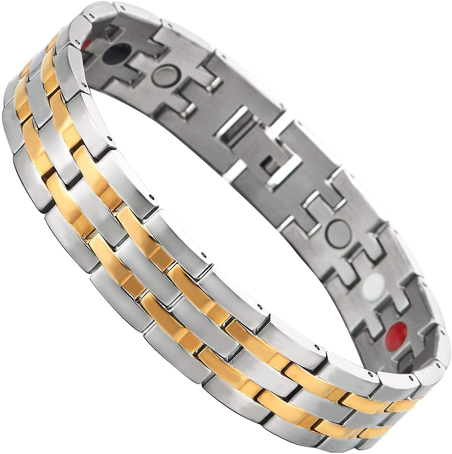 Exquisito brazalete magnético de acero inoxidable para hombre, oro negro, con imanes y herramienta de desengarce gratuita