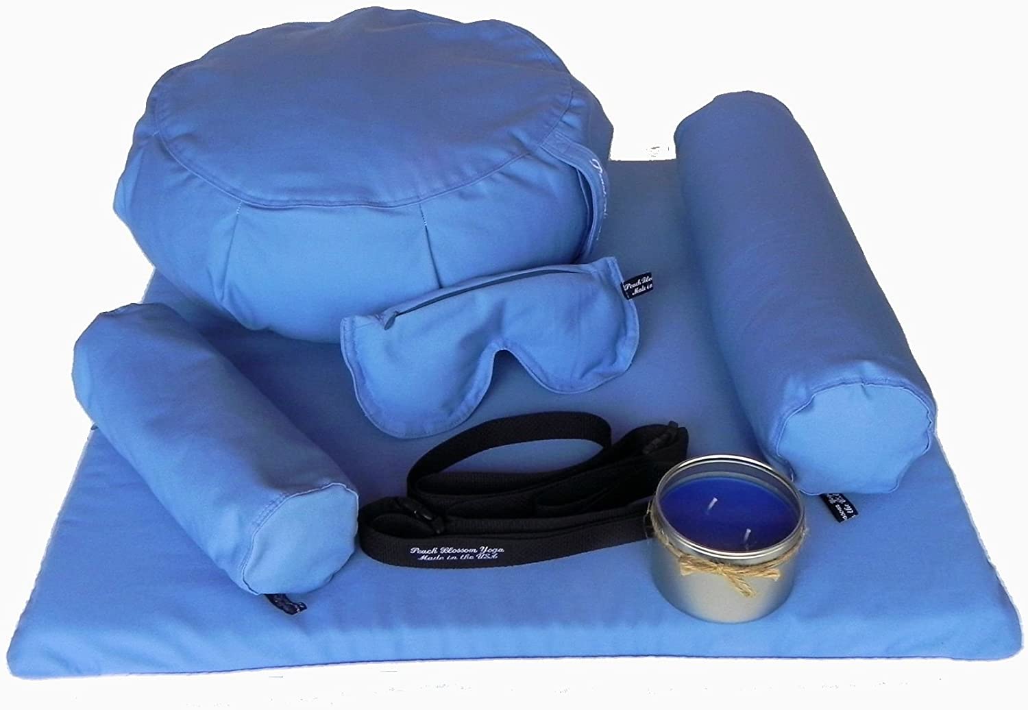Set de 7 piezas de yoga restaurativo – Zafu almohada de meditación, cojín de zabuton, almohada de ojo, refuerzo de cuello, respaldo trasero, vela de soja y correa