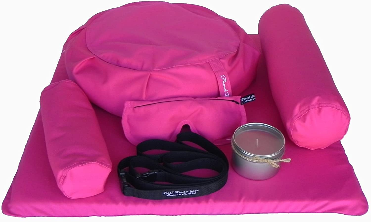 Set de 7 piezas de yoga restaurativo – Zafu almohada de meditación, cojín de zabuton, almohada de ojo, refuerzo de cuello, respaldo trasero, vela de soja y correa