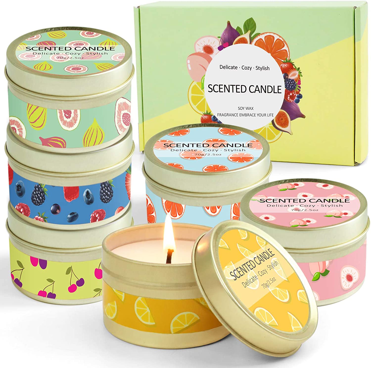 DERDUFT Velas perfumadas, juego de regalo de cera de soja, velas de aromaterapia para el día de la madre, 6 x 2.5 oz, baya, melocotón, cereza, pomelo, naranja de sangre, higo mediterráneo