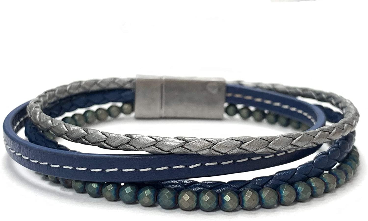 Spartan - Pulsera de cuentas para hombre con cuentas facetadas de hematina multicolor de cuero y acero inoxidable | Se adapta a muñecas de 7 a 8 pulgadas y accesorios para hombre