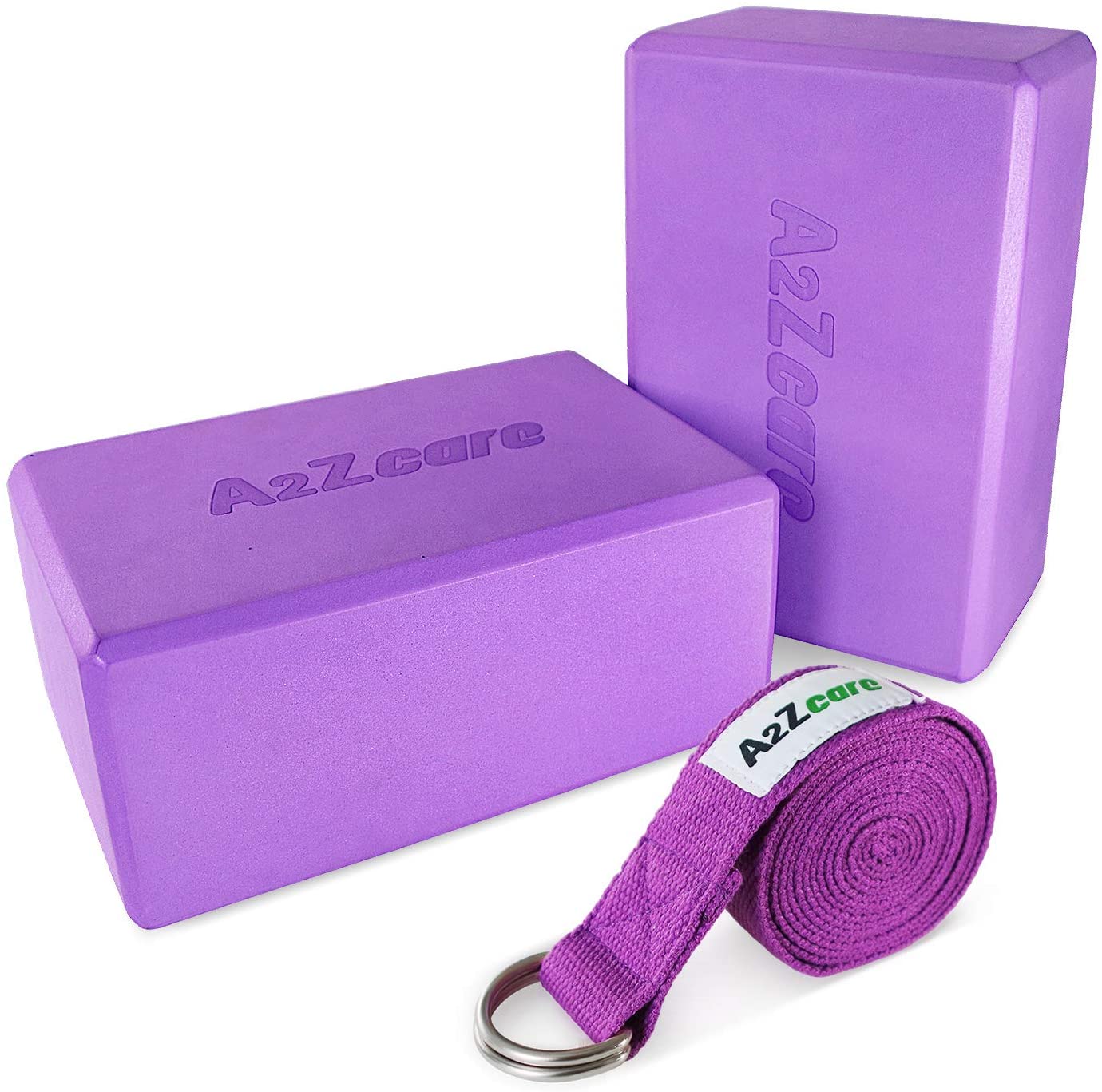 A2ZCARE Bloques de yoga (juego de 2) y correa de yoga con anillo en D, bloque de espuma de yoga de 8.7 x 5.9 x 3.9 in y correa de estiramiento de yoga