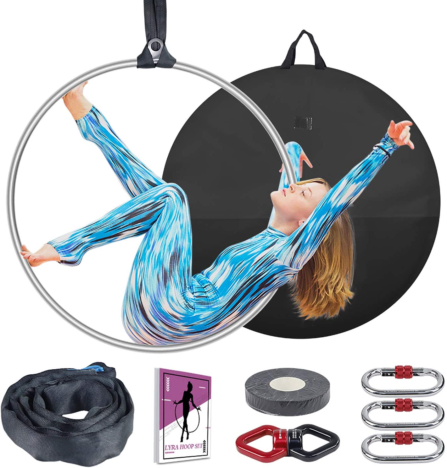 TESLANG Aerial Hoop, Lyra Hoop Set de acero inoxidable 33.5 in/35.4 in de un solo punto de aro circo para principiantes profesionales, kit de anillo aéreo con bolsa de transporte, equipo de yoga aéreo, 660 libras (661.4 lbs)