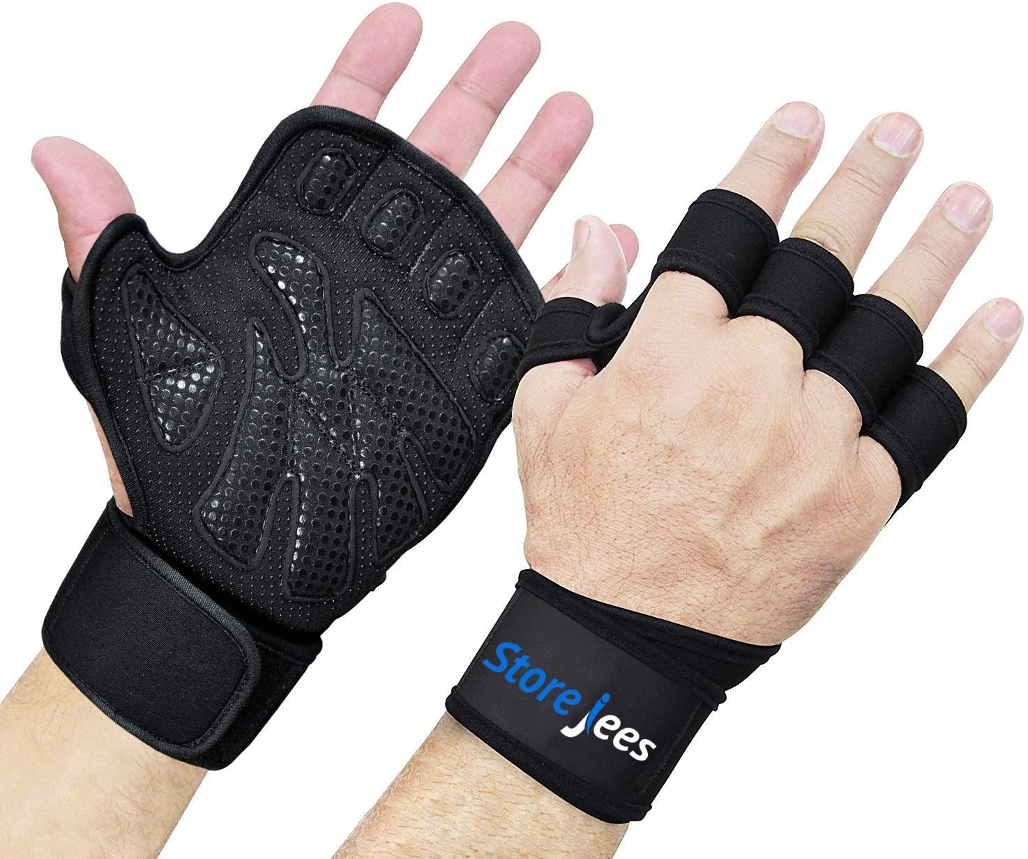 Guantes de gimnasio para levantamiento de pesas con muñequera para hombres y mujeres, guantes de entrenamiento sin dedos totalmente ventilados que protegen el pulgar y la palma, agarre extra natural para levantamiento de pesas, ejercicios de crossfit