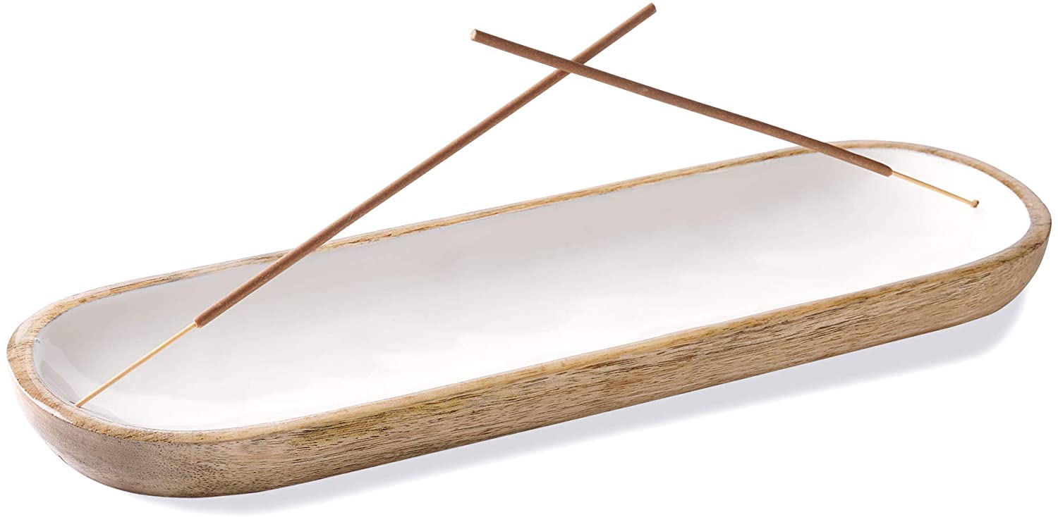 Folkulture - Soporte para quemador de incienso o insence para decoración del hogar, bandeja de madera de 12.0 in de largo para palos, madera de mango, ágata verde