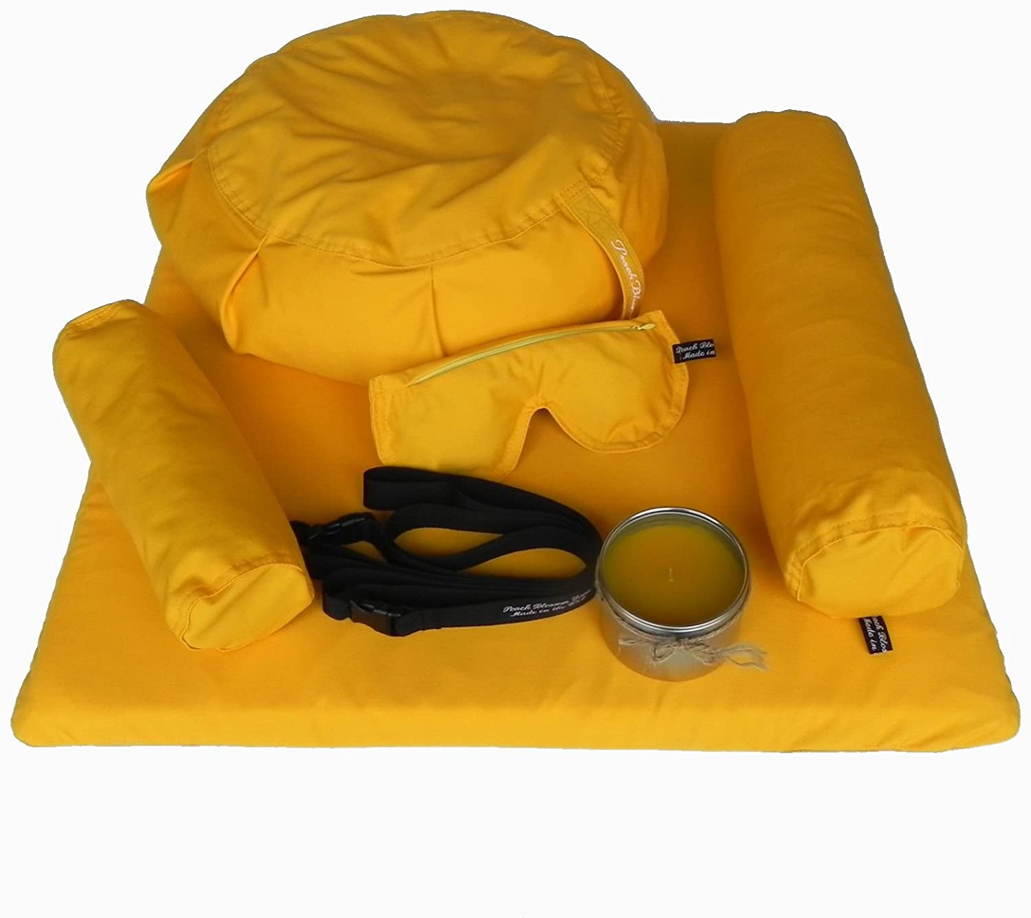 Set de 7 piezas de yoga restaurativo – Zafu almohada de meditación, cojín de zabuton, almohada de ojo, refuerzo de cuello, respaldo trasero, vela de soja y correa