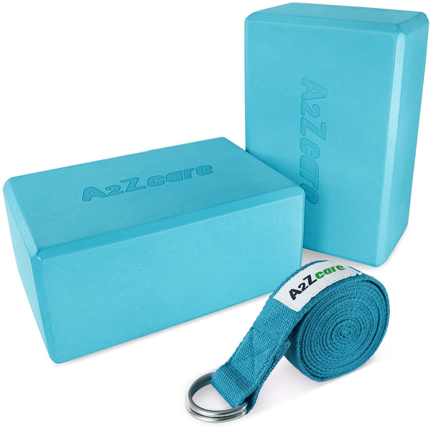 A2ZCARE Bloques de yoga (juego de 2) y correa de yoga con anillo en D, bloque de espuma de yoga de 8.7 x 5.9 x 3.9 in y correa de estiramiento de yoga