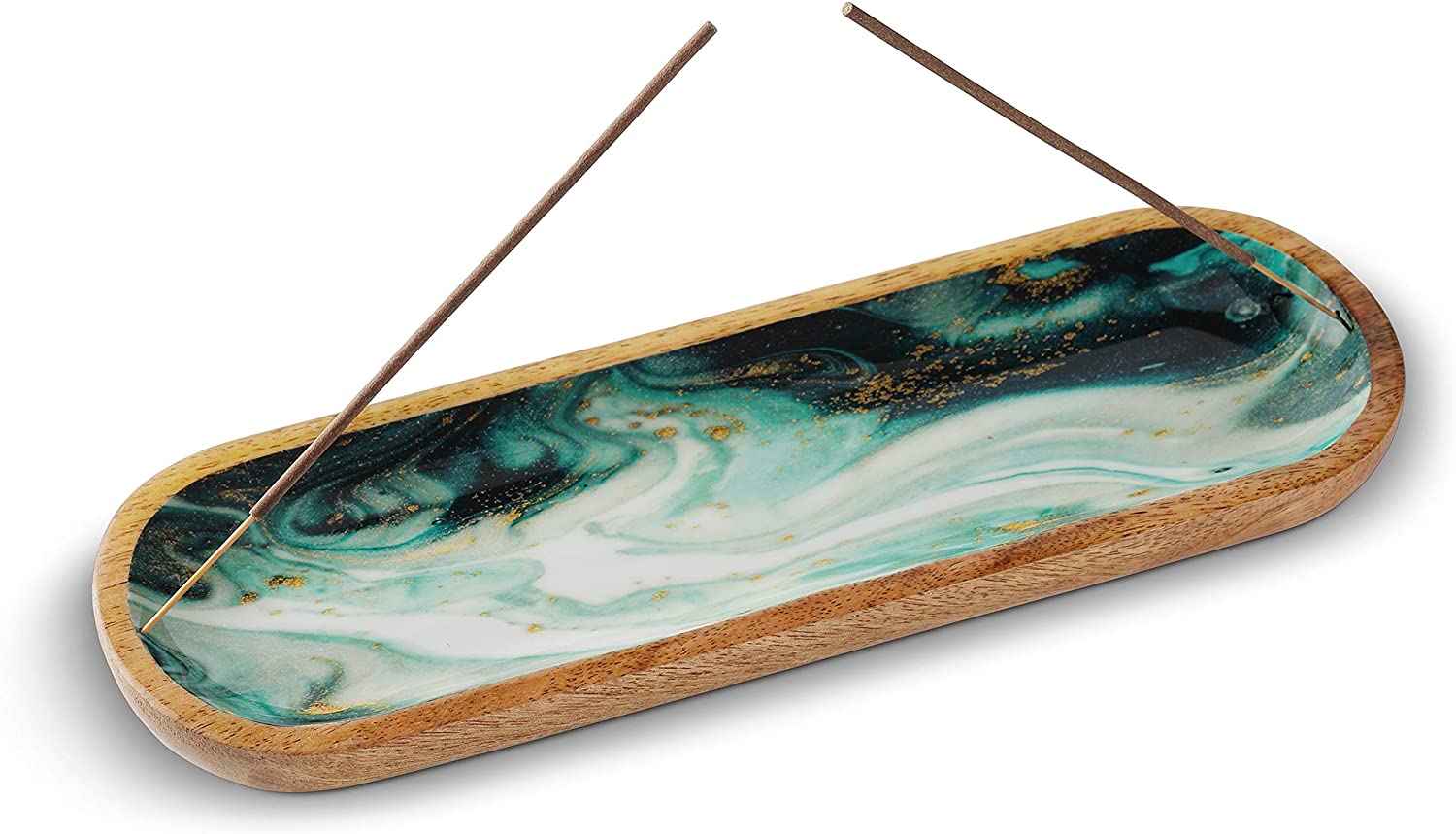 Folkulture - Soporte para quemador de incienso o insence para decoración del hogar, bandeja de madera de 12.0 in de largo para palos, madera de mango, ágata verde