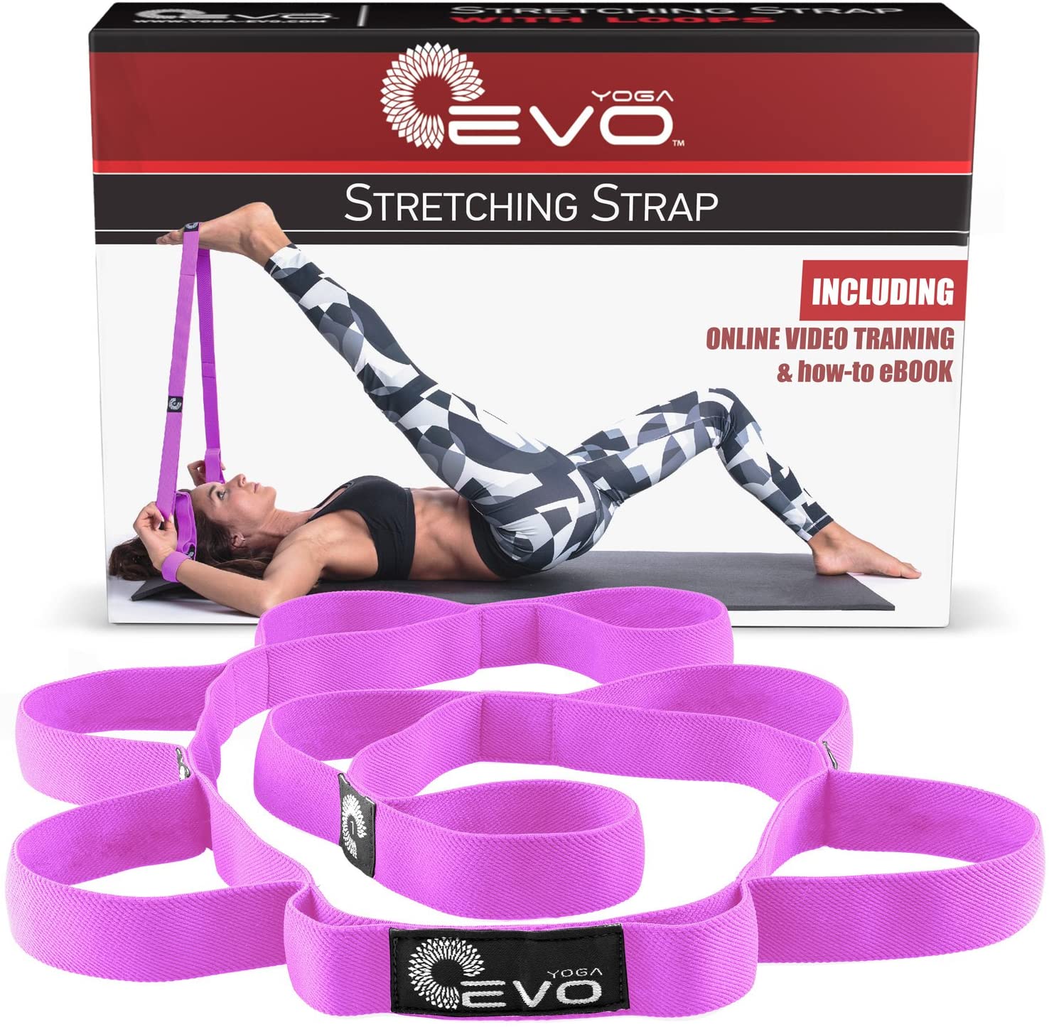 Correa de yoga EVO para estirar con 10 bucles, elástica o no elástica, tela suave | fuerte resistencia | viene con libro electrónico de ejercicios y tutoriales en vídeo en línea