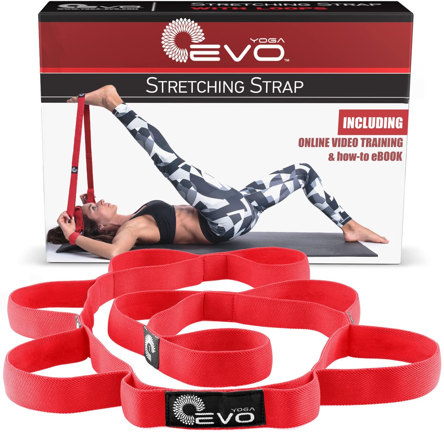 Correa de yoga EVO para estirar con 10 bucles, elástica o no elástica, tela suave | fuerte resistencia | viene con libro electrónico de ejercicios y tutoriales en vídeo en línea