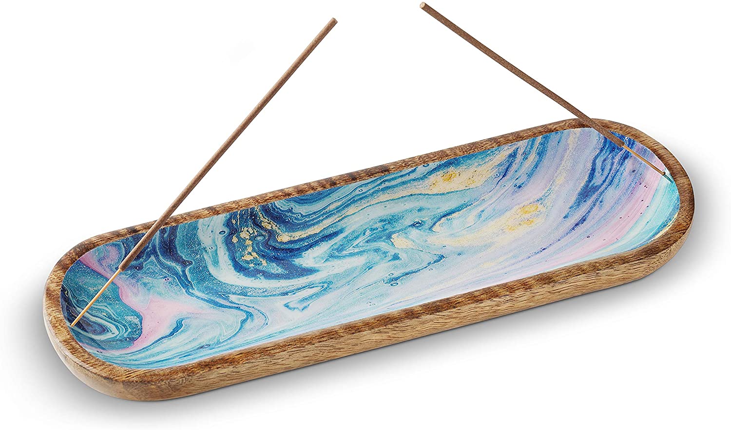 Folkulture - Soporte para quemador de incienso o insence para decoración del hogar, bandeja de madera de 12.0 in de largo para palos, madera de mango, ágata verde