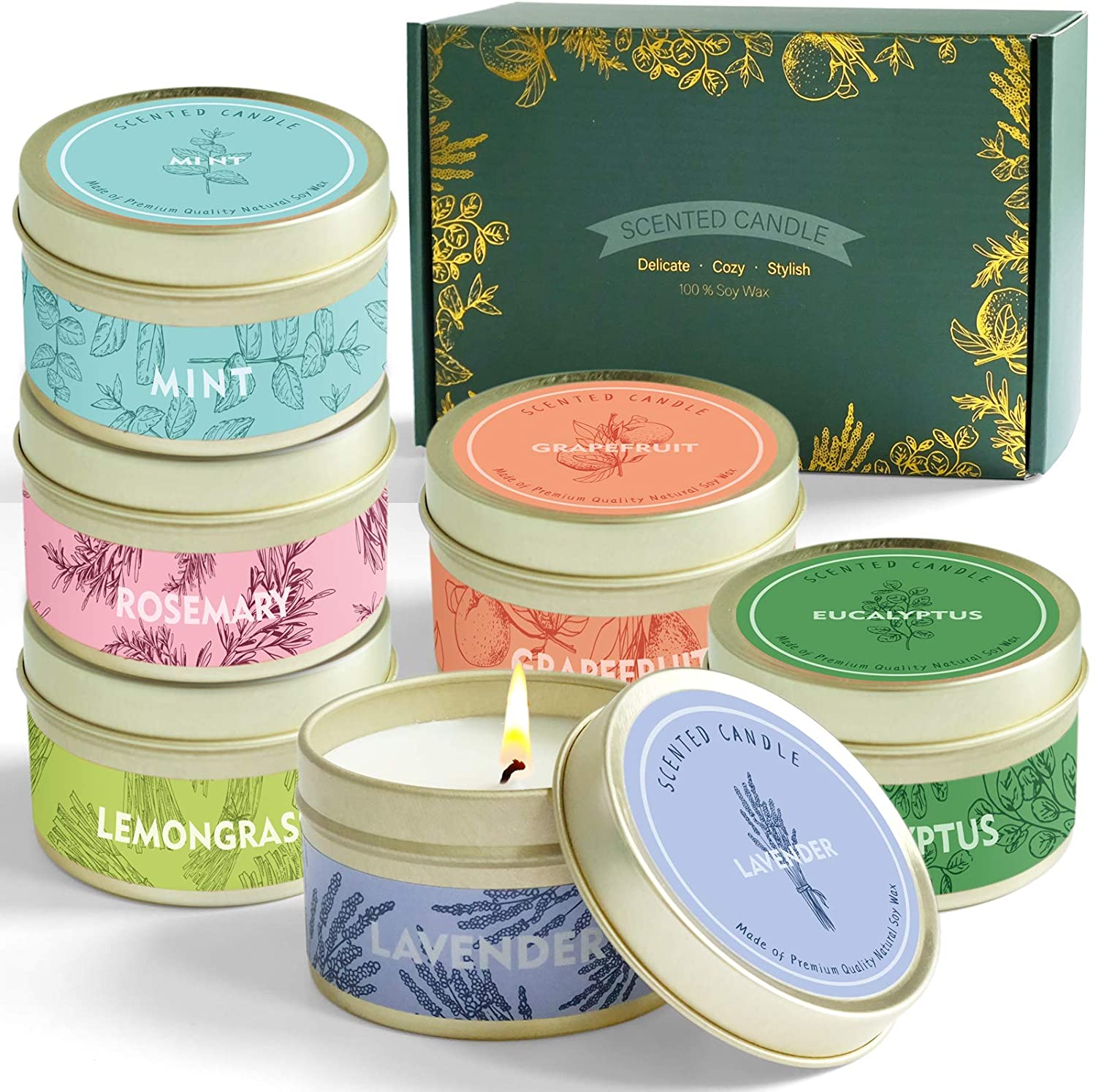 DERDUFT Velas perfumadas, juego de regalo de cera de soja, velas de aromaterapia para el día de la madre, 6 x 2.5 oz, baya, melocotón, cereza, pomelo, naranja de sangre, higo mediterráneo