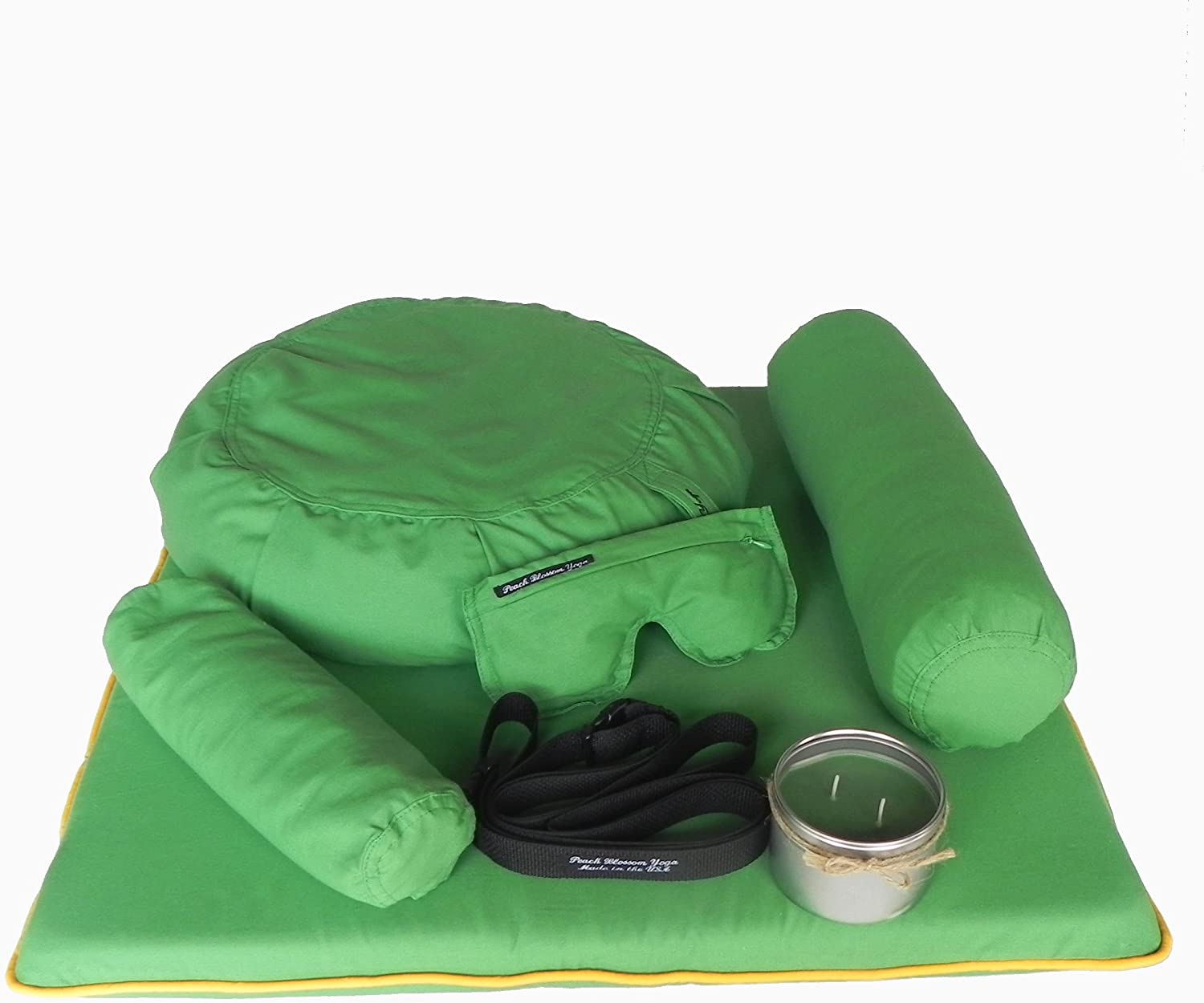 Set de 7 piezas de yoga restaurativo – Zafu almohada de meditación, cojín de zabuton, almohada de ojo, refuerzo de cuello, respaldo trasero, vela de soja y correa