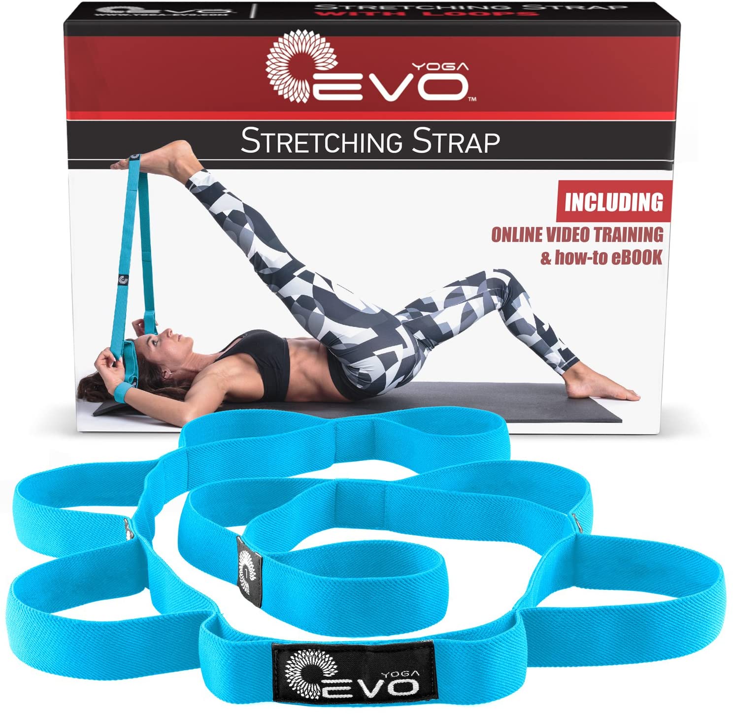 Correa de yoga EVO para estirar con 10 bucles, elástica o no elástica, tela suave | fuerte resistencia | viene con libro electrónico de ejercicios y tutoriales en vídeo en línea
