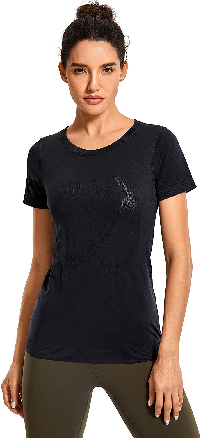 CRZ YOGA Camisetas de entrenamiento sin costuras para mujer, camisetas deportivas lisas de manga corta