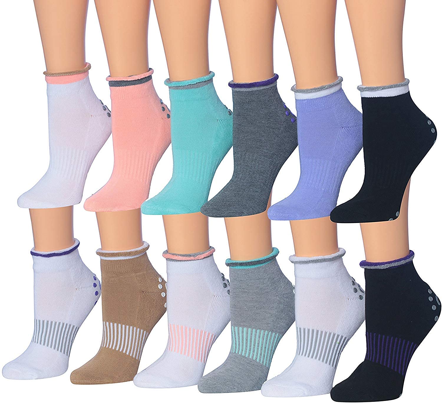 Ronnox - 12 pares de calcetines antideslizantes de silicona para yoga, pilates y barras, para mujer