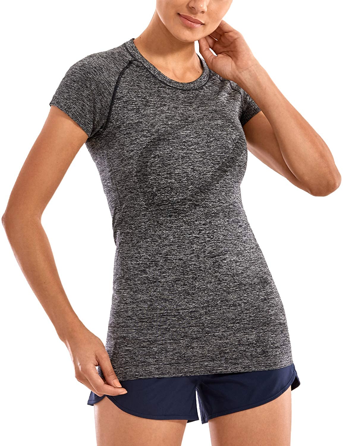 CRZ YOGA Camisetas de entrenamiento sin costuras para mujer, camisetas deportivas lisas de manga corta