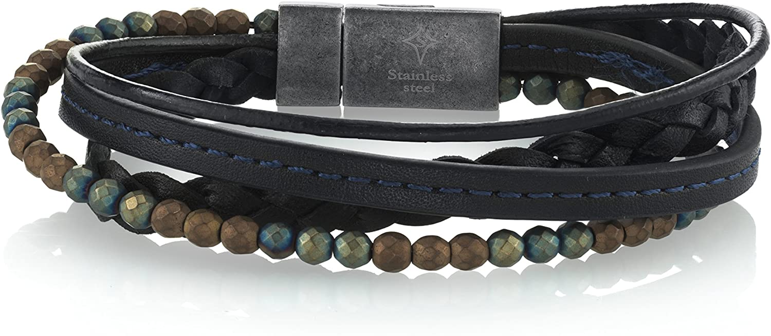 Spartan - Pulsera de cuentas para hombre con cuentas facetadas de hematina multicolor de cuero y acero inoxidable | Se adapta a muñecas de 7 a 8 pulgadas y accesorios para hombre