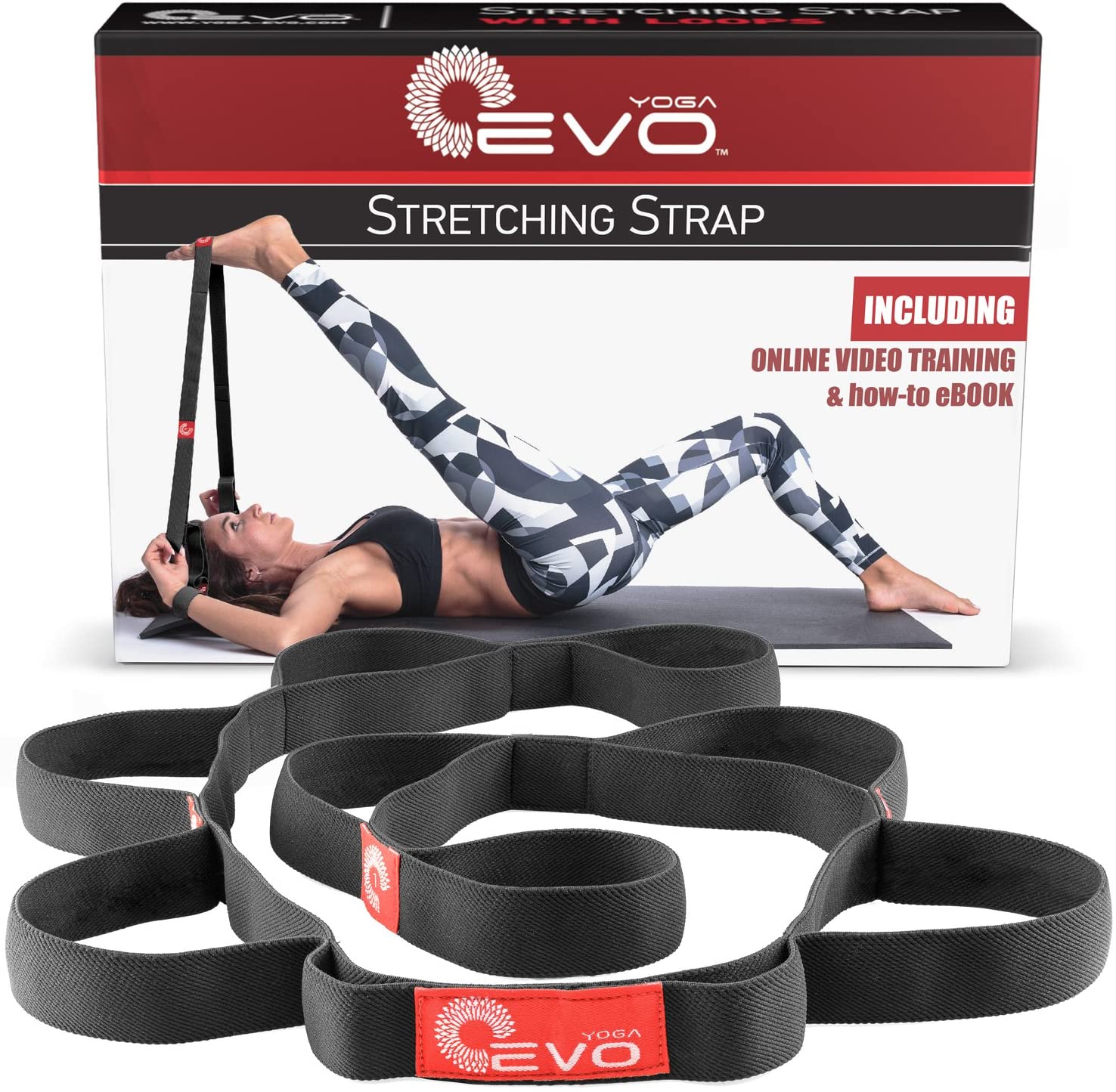 Correa de yoga EVO para estirar con 10 bucles, elástica o no elástica, tela suave | fuerte resistencia | viene con libro electrónico de ejercicios y tutoriales en vídeo en línea