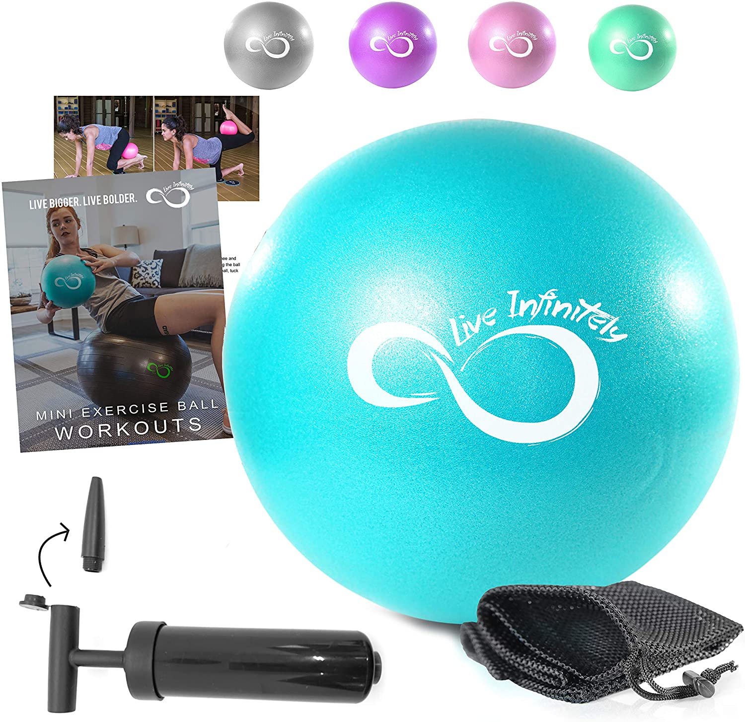 Live Infinitamente 9 pulgadas Barre Pilates bola y bomba de mano – anti ráfaga mini bola y libro electrónico de entrenamiento digital incluido para yoga, ejercicio, equilibrio y entrenamiento de estabilidad, viene con bolsa de transporte de malla