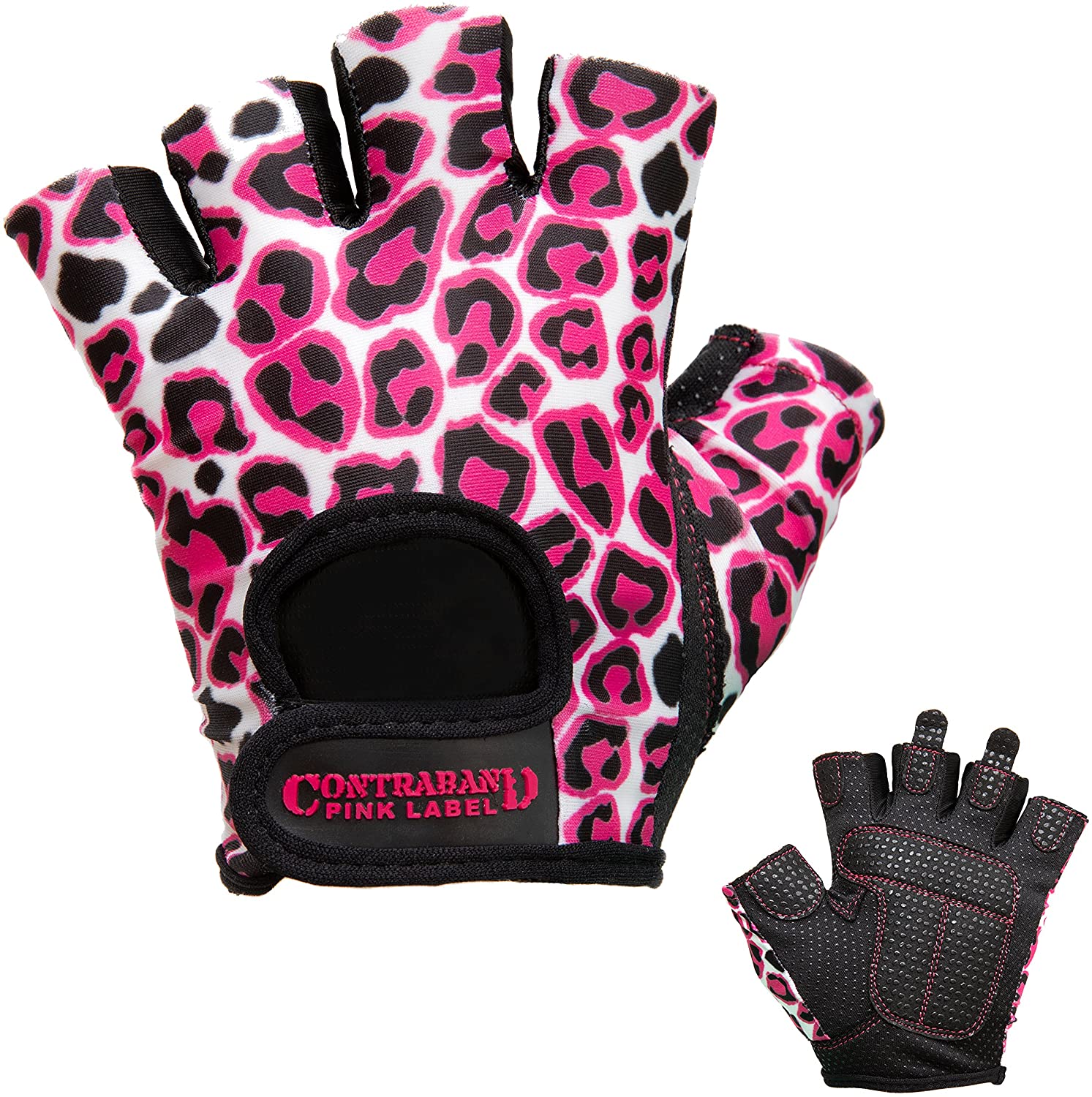 Contraband Pink Label 5297 - Guantes de elevación con estampado de leopardo para mujer, 2 pares, ligero, vegano, mediano, acolchado de microfibra amara, cuero con agarre de silicona