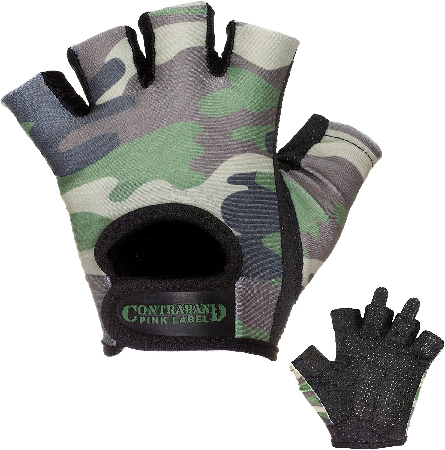 Contraband Pink Label 5217 - Guantes de elevación con estampado de camuflaje para mujer (par) - Ligeros veganos medianos acolchados de microfibra amara cuero con agarre de silicona