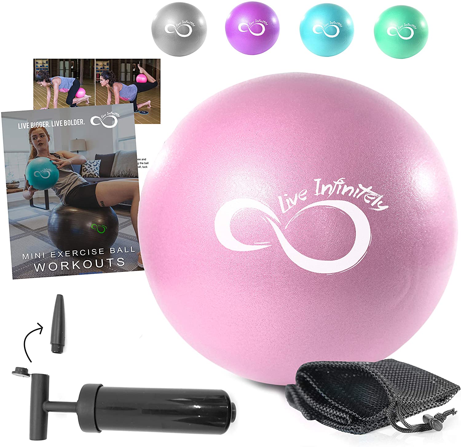 Live Infinitamente 9 pulgadas Barre Pilates bola y bomba de mano – anti ráfaga mini bola y libro electrónico de entrenamiento digital incluido para yoga, ejercicio, equilibrio y entrenamiento de estabilidad, viene con bolsa de transporte de malla