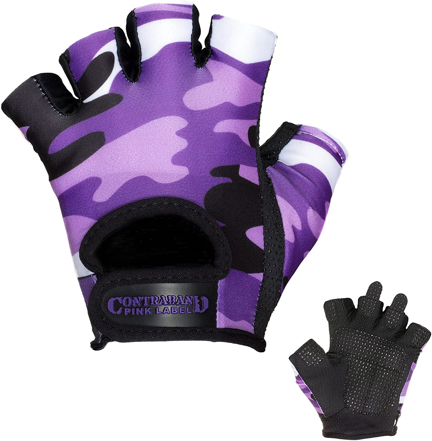 Contraband Pink Label 5217 - Guantes de elevación con estampado de camuflaje para mujer (par) - Ligeros veganos medianos acolchados de microfibra amara cuero con agarre de silicona