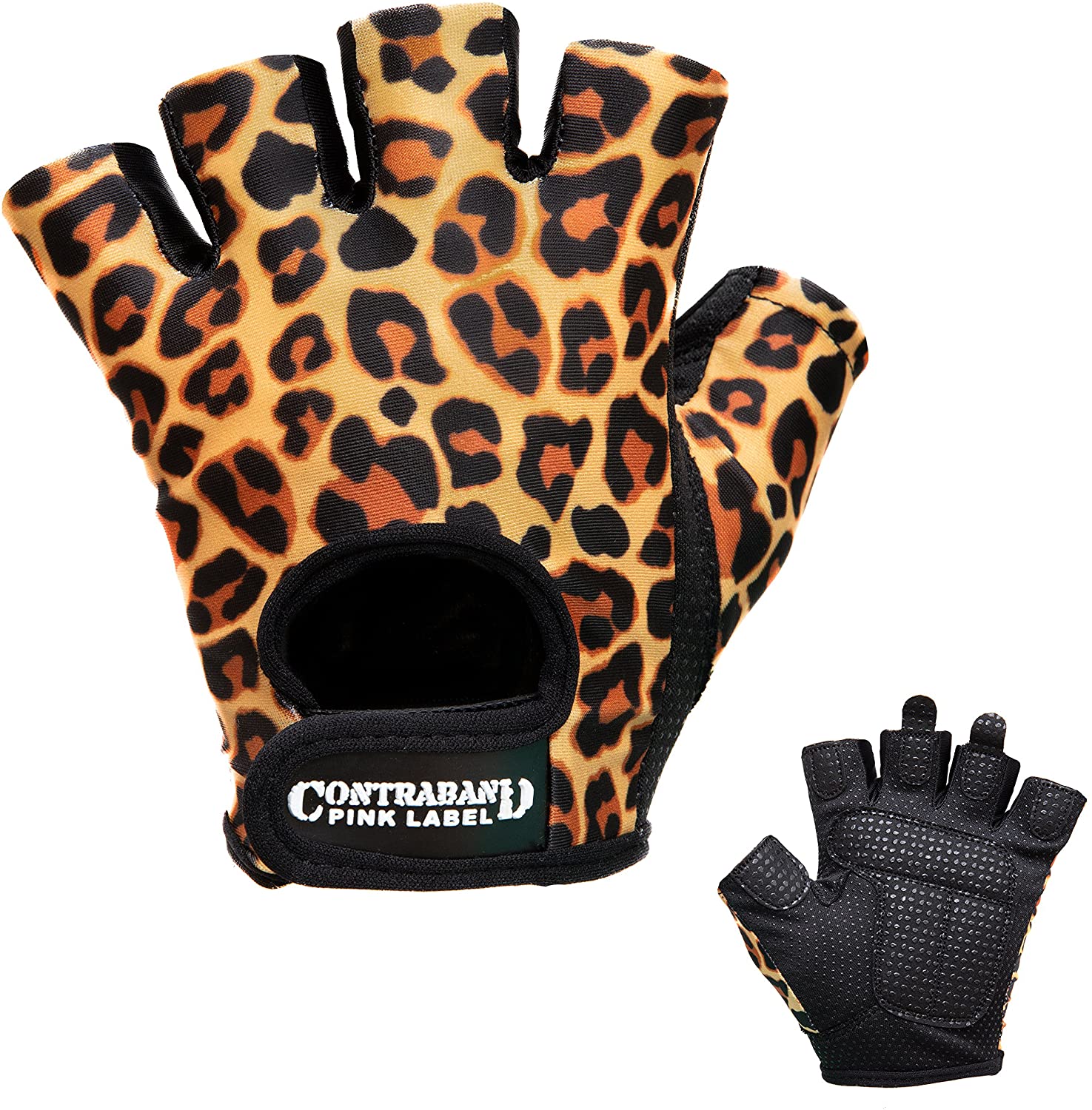Contraband Pink Label 5297 - Guantes de elevación con estampado de leopardo para mujer, 2 pares, ligero, vegano, mediano, acolchado de microfibra amara, cuero con agarre de silicona