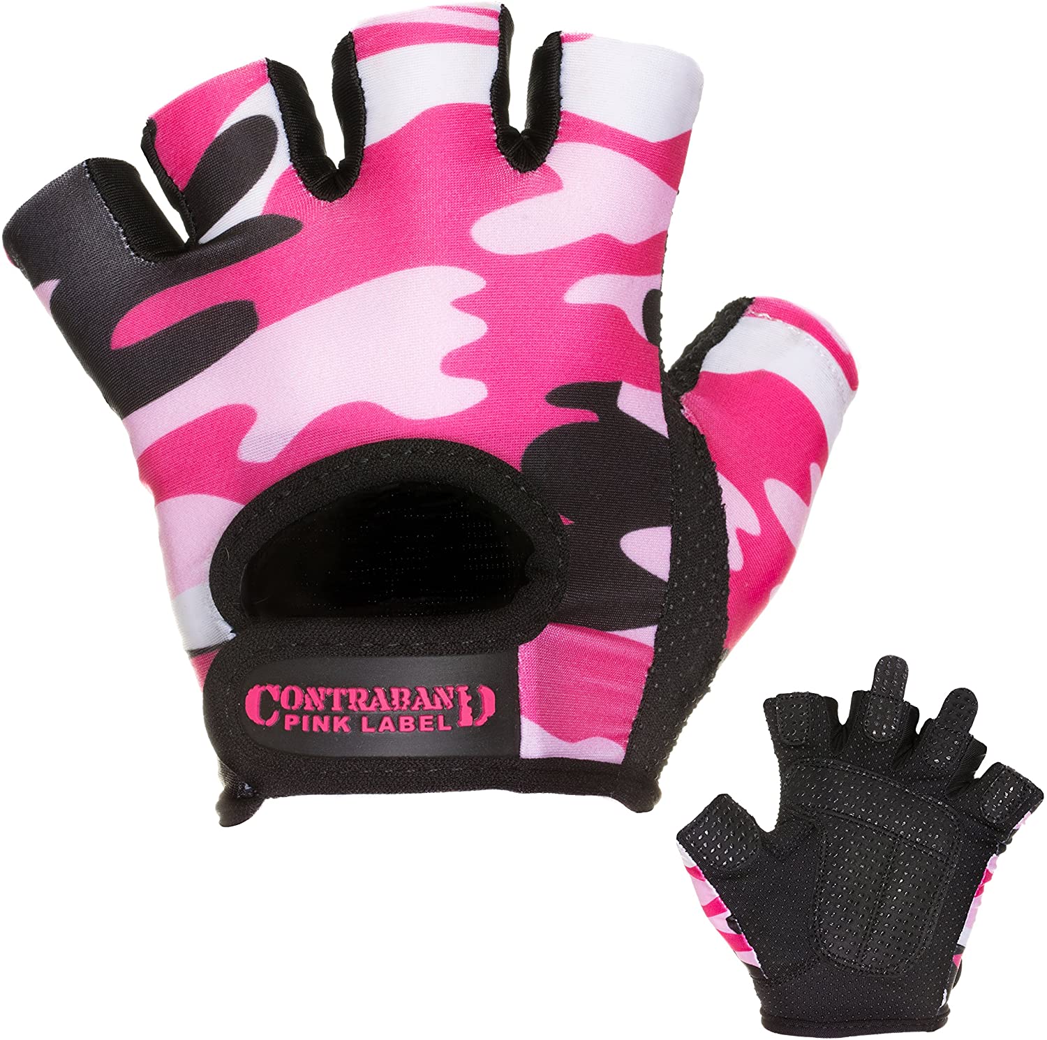 Contraband Pink Label 5217 - Guantes de elevación con estampado de camuflaje para mujer (par) - Ligeros veganos medianos acolchados de microfibra amara cuero con agarre de silicona