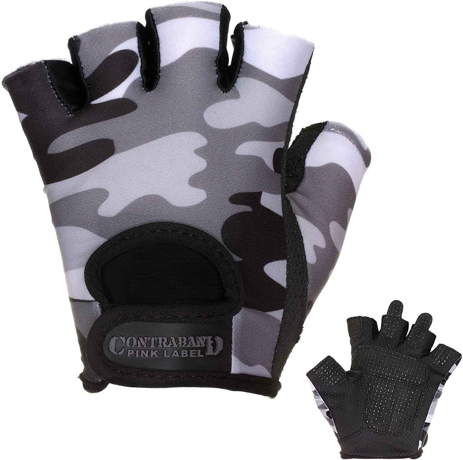 Contraband Pink Label 5217 - Guantes de elevación con estampado de camuflaje para mujer (par) - Ligeros veganos medianos acolchados de microfibra amara cuero con agarre de silicona