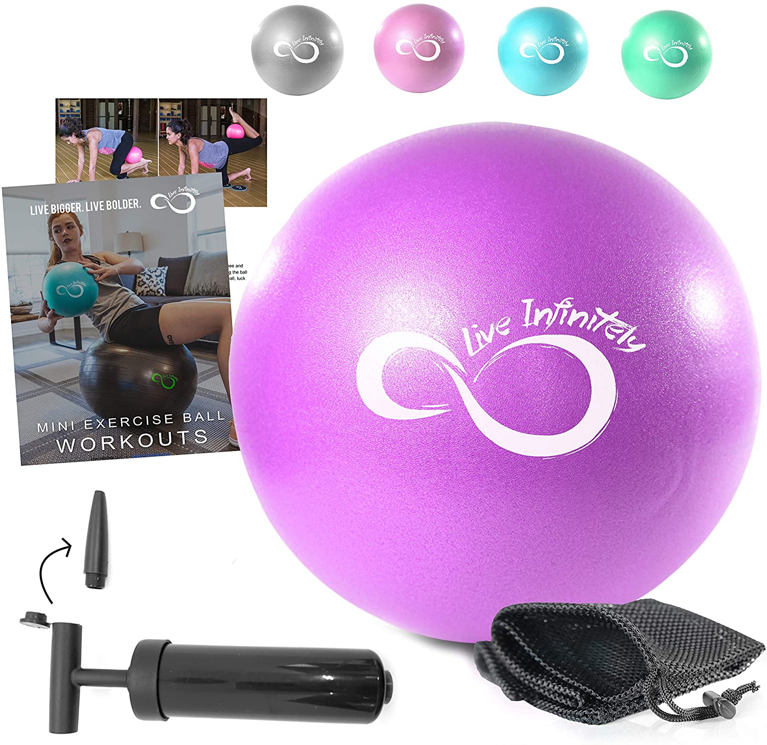 Live Infinitamente 9 pulgadas Barre Pilates bola y bomba de mano – anti ráfaga mini bola y libro electrónico de entrenamiento digital incluido para yoga, ejercicio, equilibrio y entrenamiento de estabilidad, viene con bolsa de transporte de malla