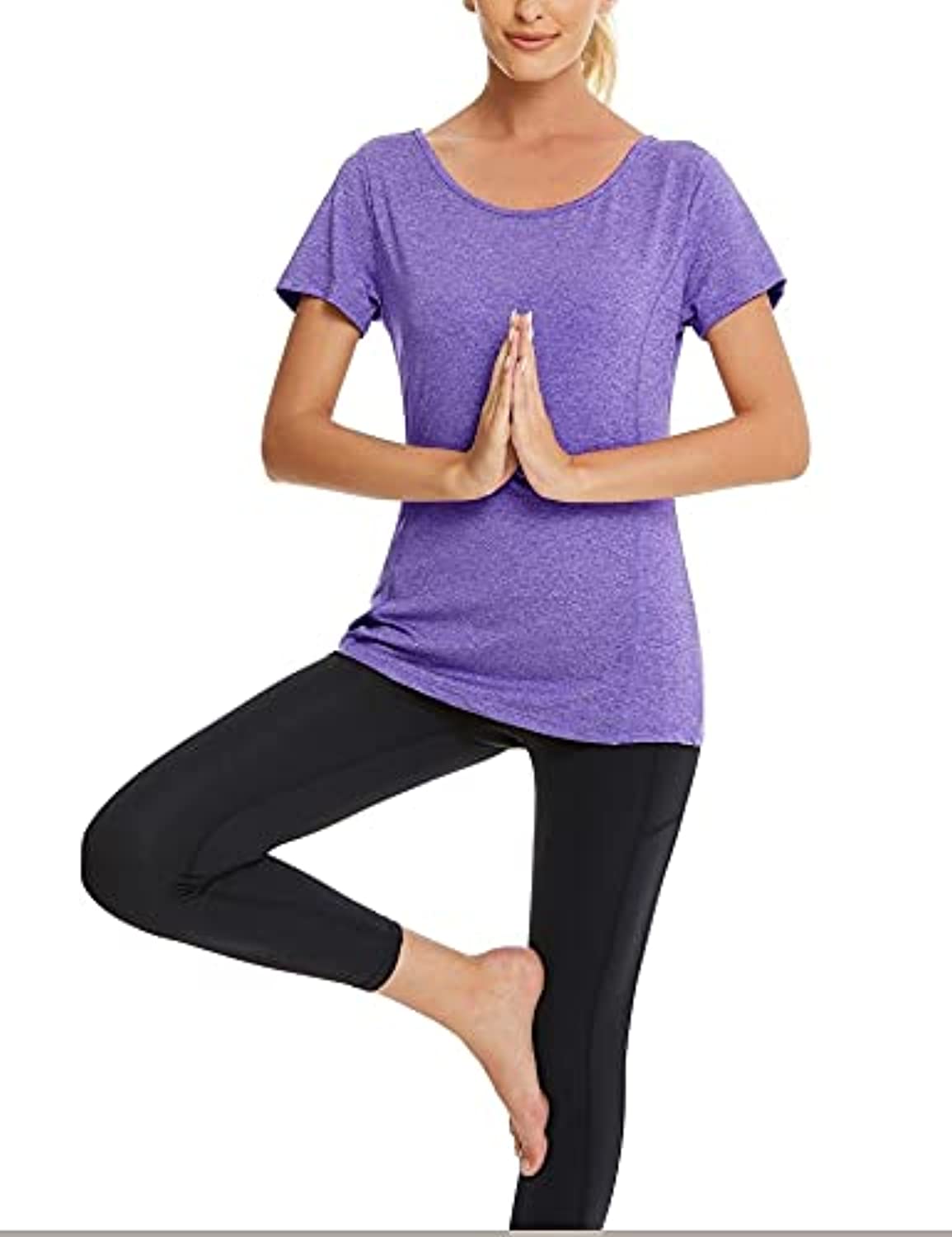 Camiseta deportiva para mujer, de manga corta, recortada en la parte  delantera, para gimnasio, yoga, ejercicio, correr, color liso