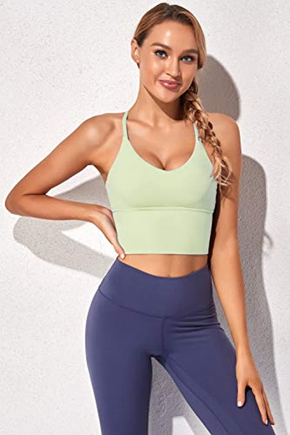 Oalka. Brasier deportivo para mujer largo (como una camiseta sin mangas)  con relleno tipo ombliguera para yoga entrenamiento y acondicionamiento  físico