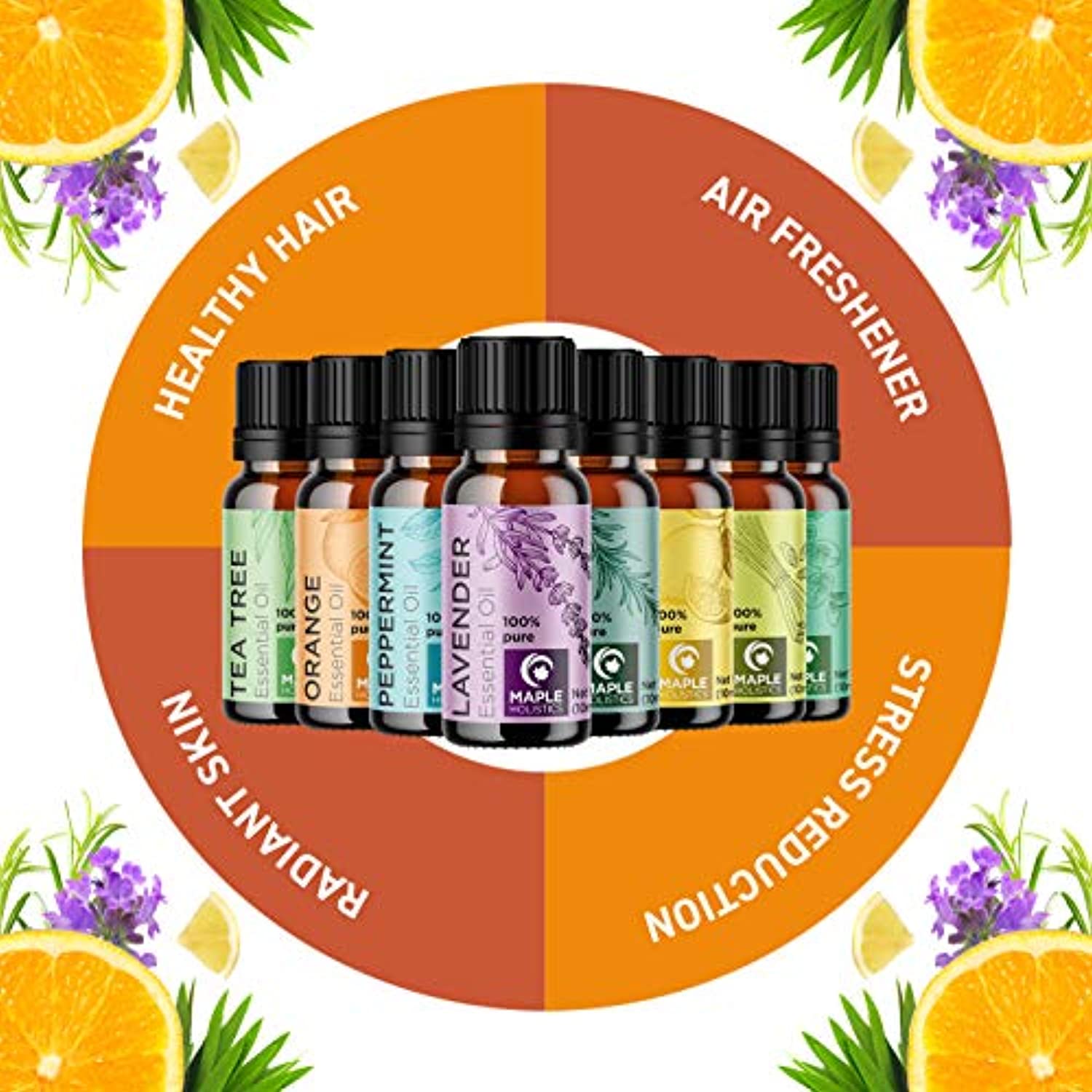 Maple Holistics Juego de aceites esenciales de aromaterapia para difusor,  aceites puros de lavanda y romero para cabello, piel y uñas