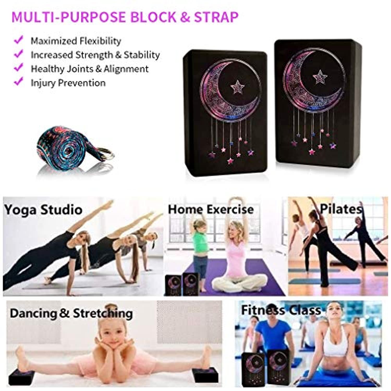 Bloque de yoga Irfora 2pcs bloques de yoga EVA 1pcs algodón correa de yoga  bloques de estabilidad Conjunto de correa de yoga para yoga Pilates  Meditación Irfora Bloque de yoga