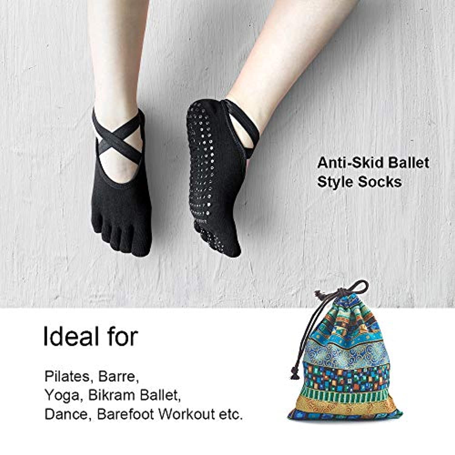  Laiiqi Calcetines de yoga con agarres para mujer, calcetines de pilates  antideslizantes para entrenamiento descalzo, 2 Pairs negro : Deportes y  Actividades al Aire Libre