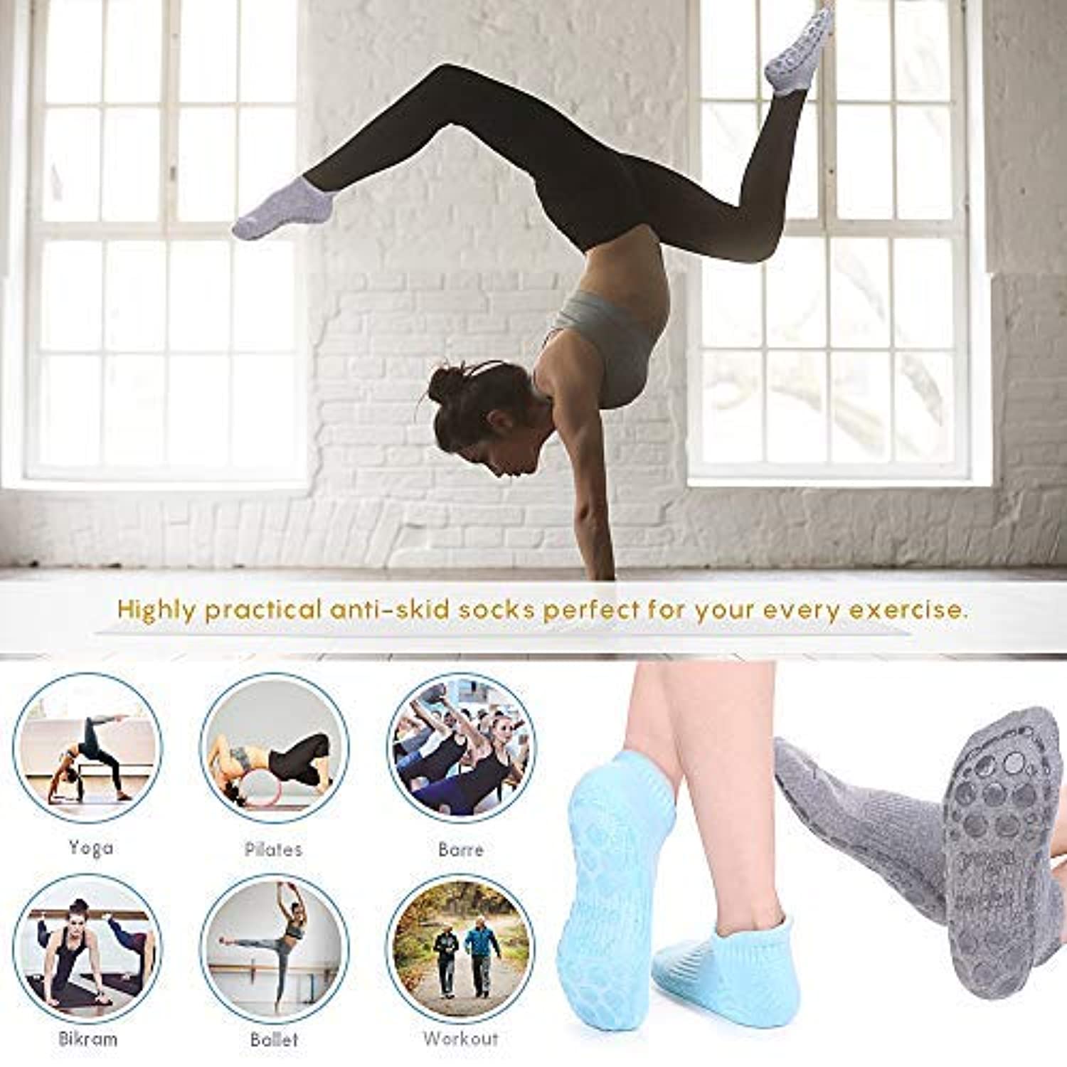 JOYNÉE Calcetines de yoga antideslizantes para mujer con agarres, ideales  para pilates, barras, bailes, hospitales, fitness, 3 pares