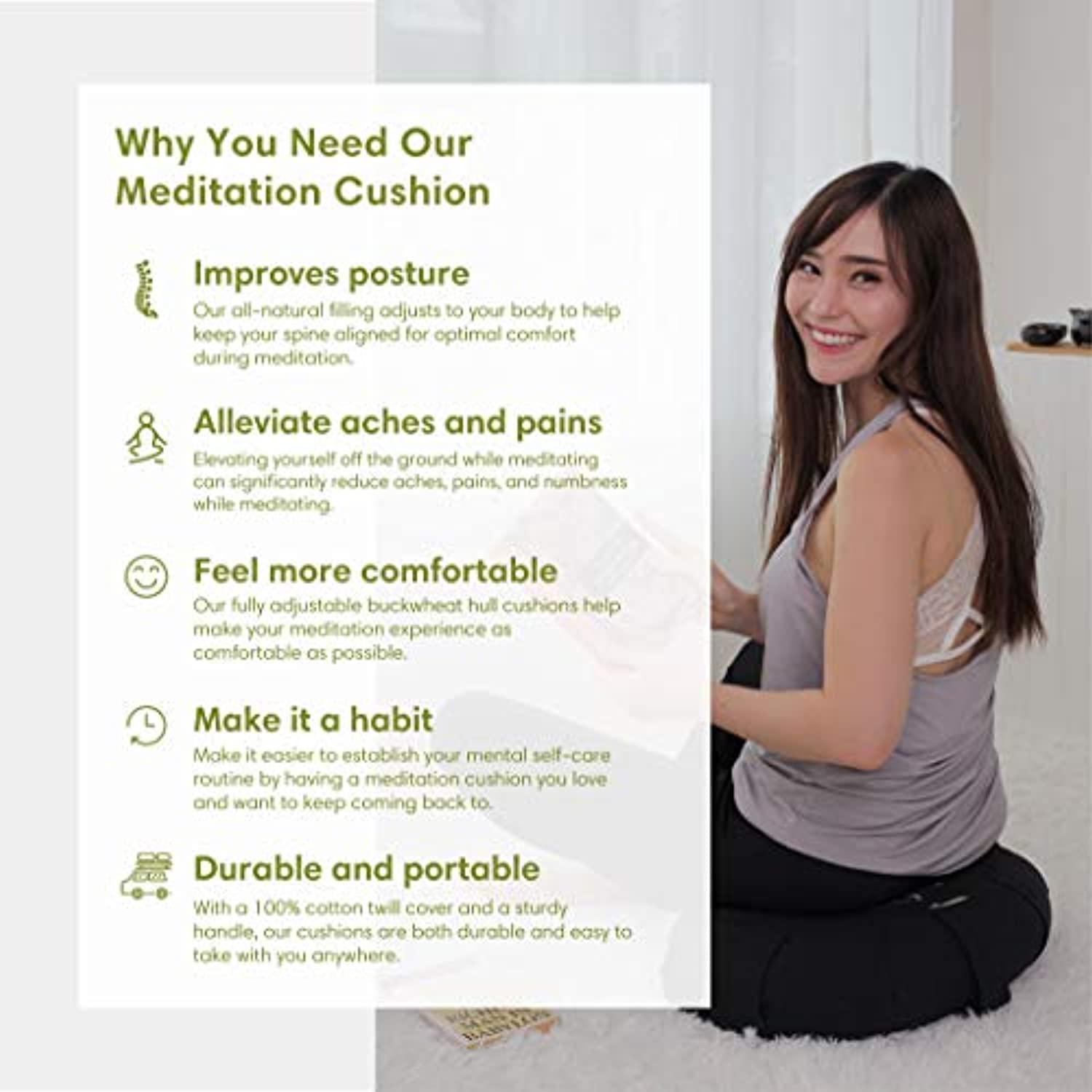  Mindful & Modern - Cojín de meditación grande para Zafu Yoga –  Almohada de meditación para sentarse en el suelo – Cojín de yoga relleno de  casco de trigo sarraceno con