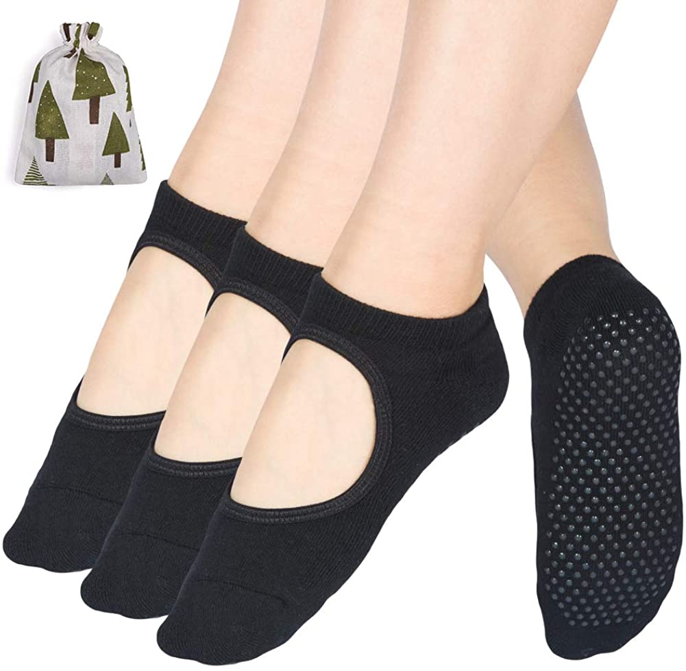 4 pares calcetines negros de yoga para mujeres talla hombre, calcetines de pilates  calcetines deportivos antideslizantes para trampolín, gimnasia, baile,  entrenamiento