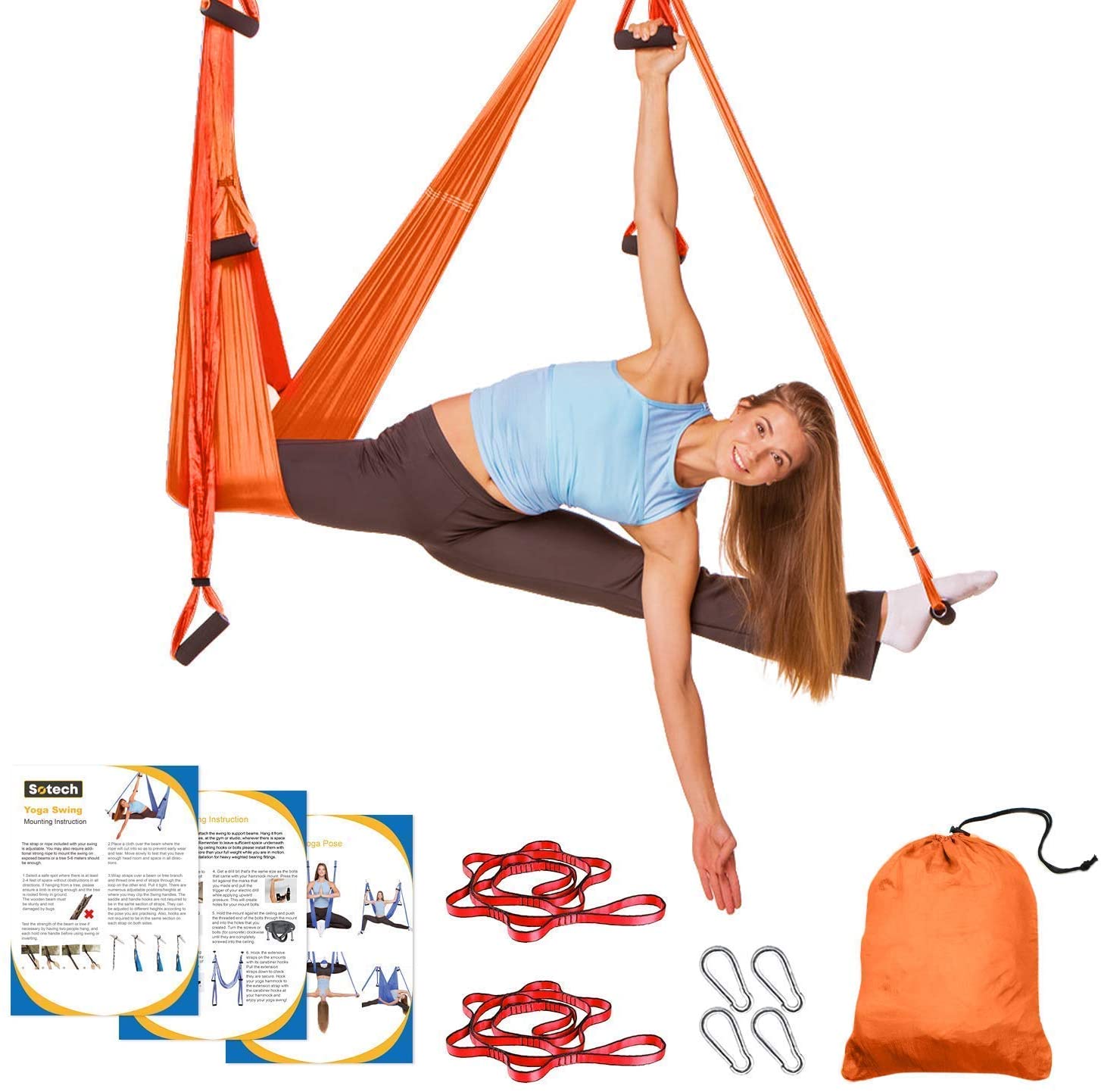  Juego de columpio volador de yoga aéreo, extensión de trapecio  de hamaca de yoga ultra fuerte, antigravedad para colgar en el techo,  ejercicios de inversión de yoga (naranja) : Deportes y