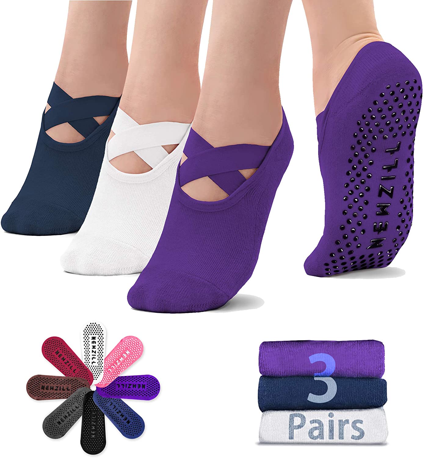 Calcetines de yoga con empuñaduras para mujeres, calcetines antideslizantes  para pilates y puros barre y hospital y caminar, danza e interior (paquete